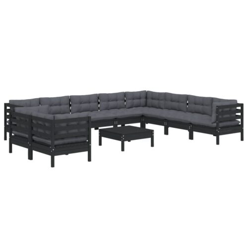 11-Piece Garden Lounge Set with Cushions Black Pine Wood Outdoor Patio Furniture - Image 3