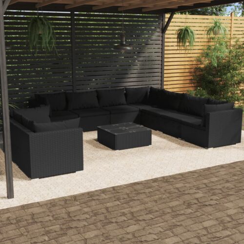 10-Piece Garden Lounge Set with Cushions Black Poly Rattan Wicker Outdoor Patio Furniture - Image 2