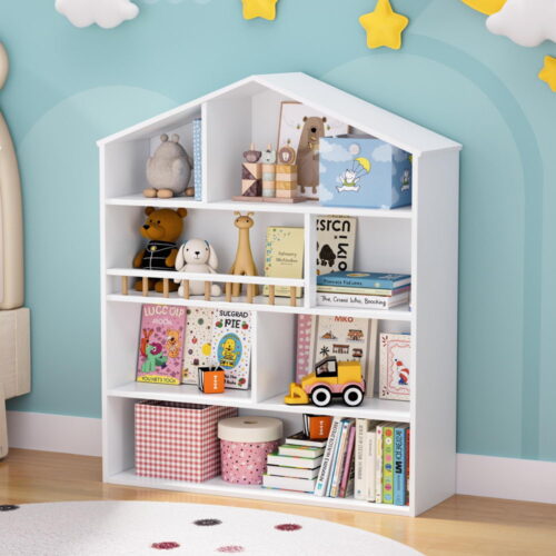 Keezi 4 Tiers Kids Bookshelf Wooden Bookcase Display Storage Organiser Cabinet White - Image 7